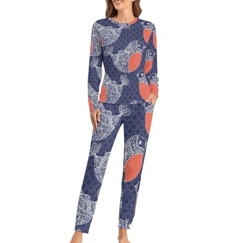 Pyjama femme oiseaux violets sleepwear manches longues pantalon coton nuit douillette