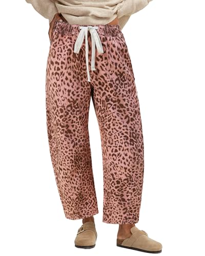 GRAPENT Leopard Print Barrel Jeans for Women Wide Leg Jeans