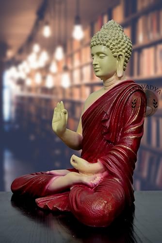 Image of Beautiful Sitting Buddha Idol Statue for Home & Garden Living Room | Healing Spirit Blessing Buddha Statue - 15 Inch Size (Maroon + Cream)