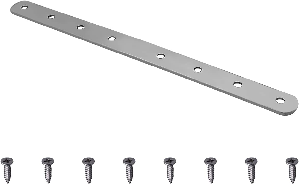 MroMax 2Pcs Stainless Steel Flat Straight Brace 11.81" x 0.98" Brushed Metal Mending Joining Plates Connector Repair Bracket with Screws for Wood, Board, Furniture & Shelves 8 Holes Silver