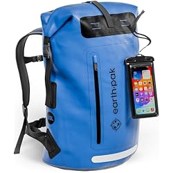 Earth Pak Waterproof Backpack - Heavy Duty Roll-Top Closure with Easy Access Front-Zippered Pocket and Cushioned Padded Back Panel for Comfort with IPX8 Waterproof Phone Case, Blue, 85L, Messenger Bag