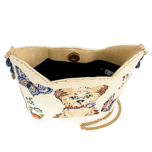 Mary Frances Shaggy Chic Beaded Crossbody Handbag with Playful Dog and Butterfly Motif Pet Lover Evening Clutch Bag, Ivory3