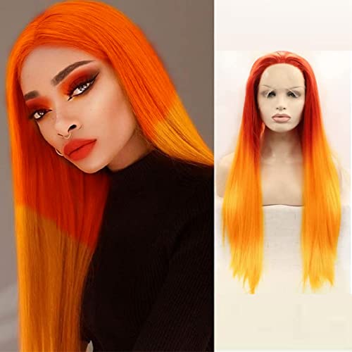 AFBeauty Red and Orange Wig Lace Front Handmade Long Straight Bright Orange Ombre Wigs for Women Light Red Yellow Colorful Hair Wig Realistic Glueless Synthetic Heat Resistant Cosplay 24inch