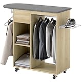 HOMCOM Armoire à Repasser en Bois, Table à Repasser avec roulettes, Barre de Suspension pour vêtements, étagère Ouverte, pour Salon, Chambre, 125 x 43,5 x 102,5 cm, Bois Naturel