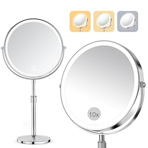 SURFOU 8-Zoll Kosmetikspiegel mit Beleuchtung, 10X/1X Vergrößerungsspiegel Doppelseitig - 360° Drehbarer & Abnehmbarer Tischspiegel für Makeup, Rasur, Badezimmer und Reise