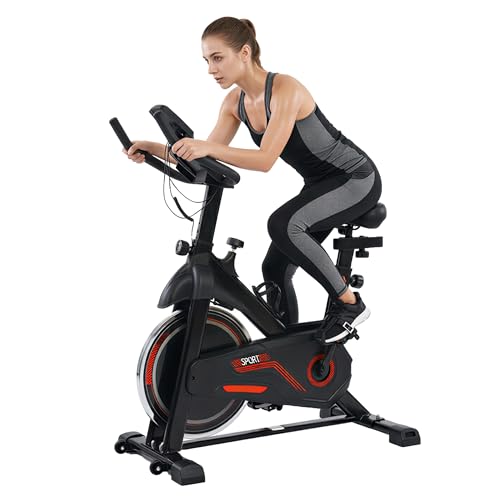 Indoor Exercise Bike Friction Resistance Spin Bike for Home Gym, Belt Drive Stationary Cycle with LCD Monitor, Adjustable Seat & Handlebars, Heavy Duty Steel Frame Cardio Fitness Bike