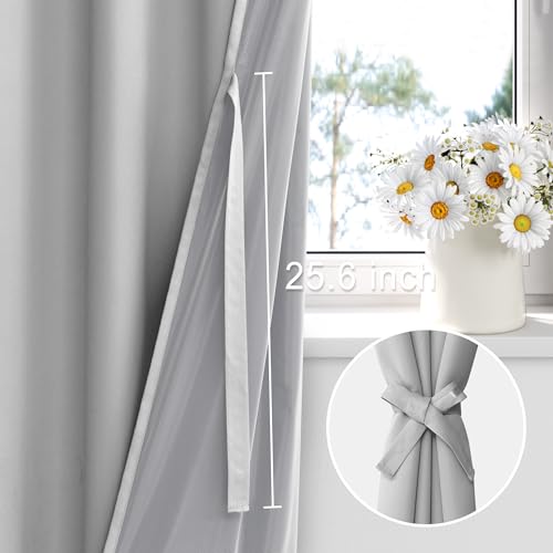 XWZO 100% Blackout Curtains 63 Inches Long with Tiebacks- Rod Pocket Heat and Full Light Blocking, Thermal Insulated Window Panels for Bedroom/Nursery, Light Grey, W60 x L63, Set of 2 Draperies - Image 2