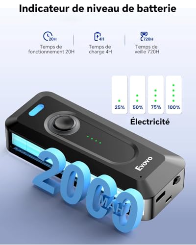 Lecteur code barre 2D Eyoyo Bluetooth sans fil pour smartphones et tablettes iOS Android - 3