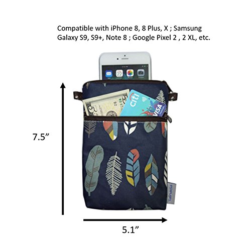 Image of Taianda Women Cell Phone Crossbody Wallet Pouch (Feather Pattern Navy Blue)