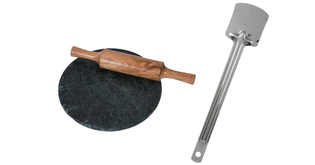 SAMEER SALES Marble Roti Maker 10 Inch Diameter with Wooden Belen with Stainless Steel Spatula tavaTurners for Dosa, Roti, Chapati and paratha-10 Inch Diameter (Green)