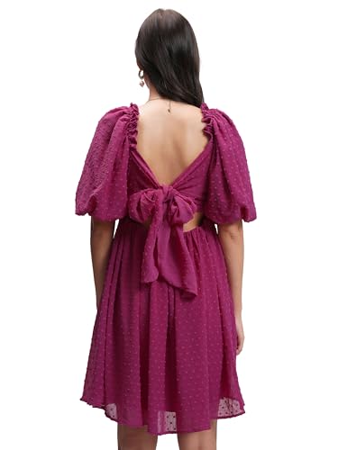 Image of Tokyo Talkies Women's Self-Design Fit & Flare Short Dress | Square Neck & Front Gathering | Chic & Feminine with Puff Sleeves