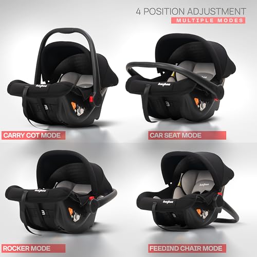Image of Baybee Premium Baby Carry Cot for Newborn 0-15 Months, 4-in-1 Multipurpose Infant Rocker & Car Seat with Adjustable Handle, Safety Belt & Canopy | Travel Carrycot & Baby Car Seat | Weight Capacity Upto 25 Kgs (Black /Grey)