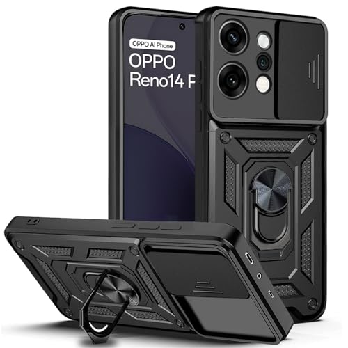 AESTMO Tough Armor Oppo Reno 14 Pro 5G Bumper Back Case Cover | Ring Holder & Sliding Camera Shield Cover | 360 Degree Protection Back Case Cover for Oppo Reno 14 Pro 5G (Black)