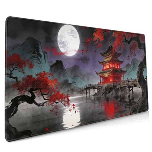Image of Black Red Teal Japanese Mouse Pad 35.4x15.7 XXL Anime Mountain Lake Pavilion Tree Extended Large Mousepad Keyboard Mouse Mat Desk Pad with Non-Slip Rubber Base Stitched Edges for Home Office Game
