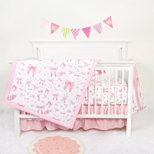Jundetye Floral Crib Bedding Set for Girls, 4 Pieces Pink