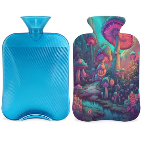 Hot Water Bottle with Soft Cover,2L Glowing Mushrooms Hot Water Bag for Hot and Cold Compress, Hand Feet Warmer, Dreamy Mushrooms Rubber Hot or Cold Water Bottle Halloween Christmas Decorations