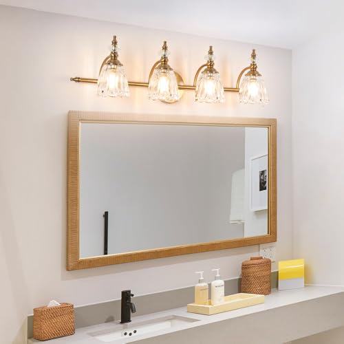 Image of Brushed Antigue Brass Bathroom Light Fixtures 4 Lights, Antique Brass Vanity Light, Vanity Light Over Mirror, Vintage Bathroom Light with Clear Flower Glass, Lights for Wall Interior Hallway