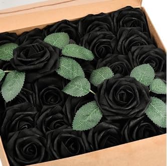 Birthday Parties and Weddings 50Pcs Artificial Flowers Roses Bulk Black Foam Fake with Stems for Wedding, Bridal Shower Decorations Centerpieces Tables (black)