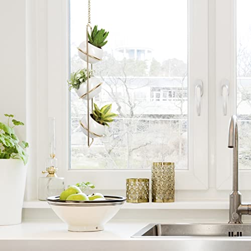 Jackcube Design Hanging Planter For Indoor Plants, Boho Vertical Ceiling Plant Gold Metal Hanger With 3 White Mini Ceramic Pots, For Small Succulents Cactus Herb Faux Flower- Mk631A #TOP1