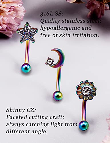12Pcs 16G Rook Piercing Jewerlry Surgical Steel Eyebrow Piercing Jewelry Flower Crystal Heart Cz Moon Shape Eyebrow Rings Snake Eyes Rook Earrings For Women Men Tongue Retainer,Purple Curved Barbell #TOP5