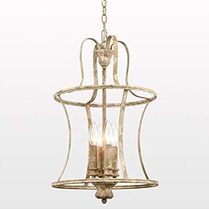 French Country Lantern Chandelier 4-Light Distressed White Pendant Light Fixtures with Chain Modern Farmhouse Lantern Pendant Lighting for Kitchen Island Dining Room