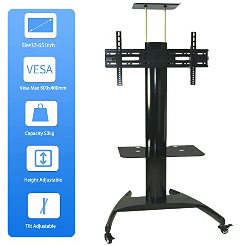 Srhimeos Mobile Standing Tv Cart Height Adjustable For 32"-65" Plasma Lcd Led Flat Screen/Curved Tv Can Bear 50Kg/110Lbs, Max Vesa 600X400 Mm With Tilt, Swivel And Height Adjustment Stand (Black) #TOP6