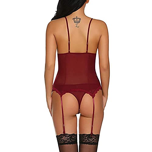 KOEMCY-Lenceria-Mujer-Sexy-Body-de-Encaje-Lenceria-Cuello-V-Conjunto-de-Lenceria-Babydoll-Lenceria-Encaje-Transparente-Body-Lenceria-Ropa-Interior-con-Tanga-y-Liguero