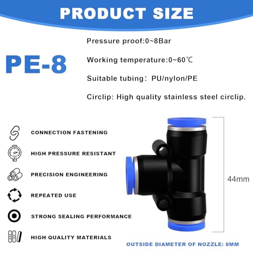 15 Stück 8mm OD pneumatische Steckverbindung,3 Wege T-Stücke Schnellverschraubungen Kunststoff Rohr PE Luftleitungsadapter,Push in Connect Pneumatik Fitting (PE - 8mm - 15 Stück)