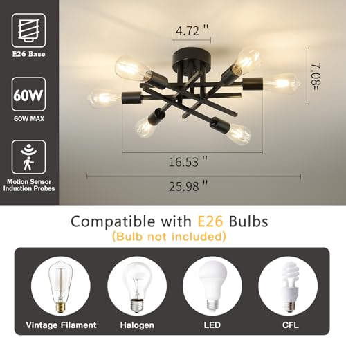 Image of Semi Flush Mount Motion Sensor Ceiling Light Fixture,6 Lights Black Vintage Matte Sputnik Chandelier Ceiling Lamp with E26 Bulb Base for Farmhouse Dining Room Living Room Bedroom Study Kitchen