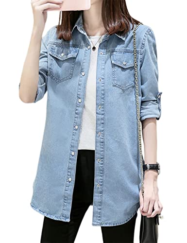 Jofemuho Women's Denim Shirt Long Sleeve Button Down Jean Jacket Shirt