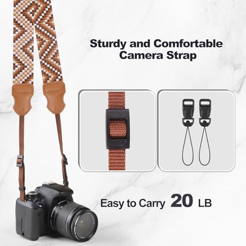 Image of Universal Camera Strap - Camera Neck Strap, Adjustable Shoulder Straps Compatible with Canon, Fujifilm, Nikon, Olympus, Panasonic and other SLR and mirrorless cameras - Brown White Gquares