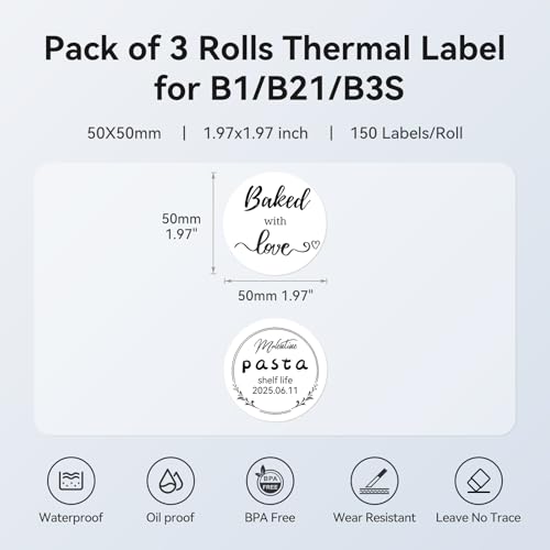 Image of NIIMBOT 3 Rolls Set Label Tape for B1 /B21 /B3S Label Printer, 1.97 inch X 1.97 inch (50x50mm) Round Waterproof Thermal Label Tape for Logo /Gift /Barcode /Kitchen Jar (White)