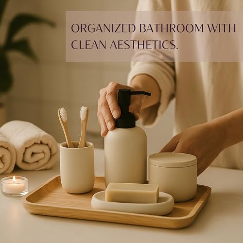 Ceramic Bathroom Accessories Set 4 Pcs – Modern Scandinavian Neutral Bathroom Soap Dispenser Set with Toothbrush Holder, Soap Dish & Cup – Minimalist Bathroom Accessory Set Decor - Cream/Light Beige - Image 3
