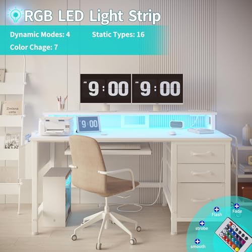 Image of Lufeiya Gaming Desk with LED Lights and Power Outlets, 47 Inch Home Office Desks with Keyboard Tray, White Computer Desk with File Drawers Cabinet, Writing Table PC Desks with Monitor Stand, White