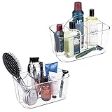 mDesign Plastic Men's Grooming Storage Organizer Caddy Tote - Divided Basket Bin, Handle for Bathroom - Holds Shaving Cream, Razors, Beard Oil, Combs, Brushes, Hair Gel, Cologne, Small, 2 Pack - Clear