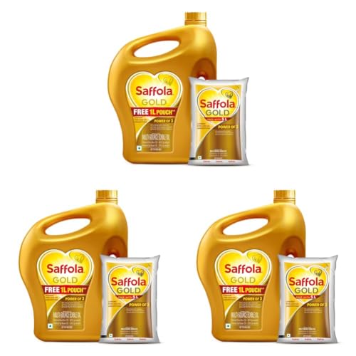 Image of Saffola Gold Refined Cooking oil | Blend of Rice Bran & Sunflower oil | Power of 3 - Balance of Good Fats, Triple Anti-Oxidant System & Fortified with Vitamins | 5 Litre Jar + Free 1 Litre Pouch