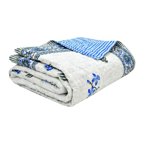 Image of BLOCKS OF INDIA Hand Block Printed Cotton King Size Quilt /Rajai | Blue Green FLR