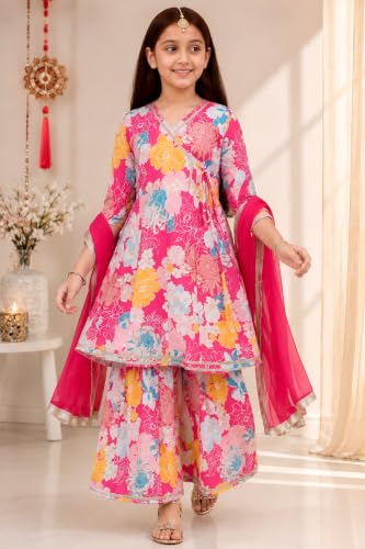 Image of Preneum Girls's Ethnic Cotton Bandhani & Lehariya Printed 3 /4 Sleeves Gotta Patti Angrakha Kurta with Sharara Set