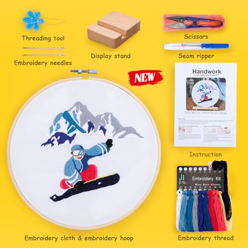 Image of Embroidery Kit for Adult Beginners,Skiers Snow Mountain Embroidery Kit with Step-by-Step Instructions & Video,Printed Cloth,7.87 inch Hoop,Display Stand,Color Threads and Tools for Craft Lover(BES011)