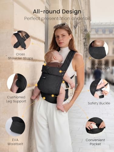 Image of GROWNSY Baby Carrier Newborn to Toddler with Head Support, Black Air Mesh
