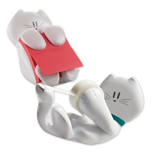 Post-it Dispensador Gato + Scotch Dispensador Cinta Adhesiva Gato – 1 Bloque Z-Notes 76x76 mm Rosa (90 Hojas) + 1 Rollo Cinta Magic 19 mm x 33 m – Uso Fácil con una Sola Mano