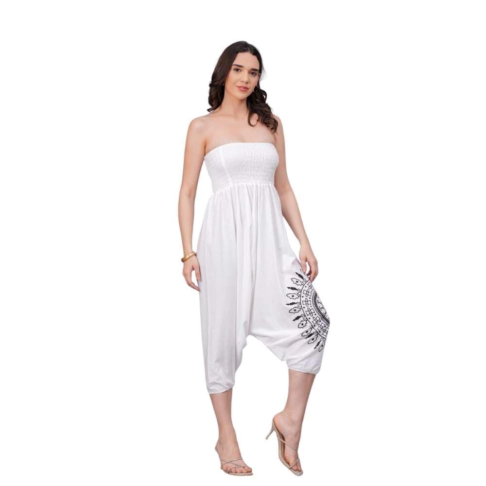 textile tones Women’s Cotton Convertible Harem Jumpsuit | Strapless Smocked Romper & Harem Pants 2-in-1 | Boho Baggy Capri Jumpsuit Beachwear Outfit – White-picture-27