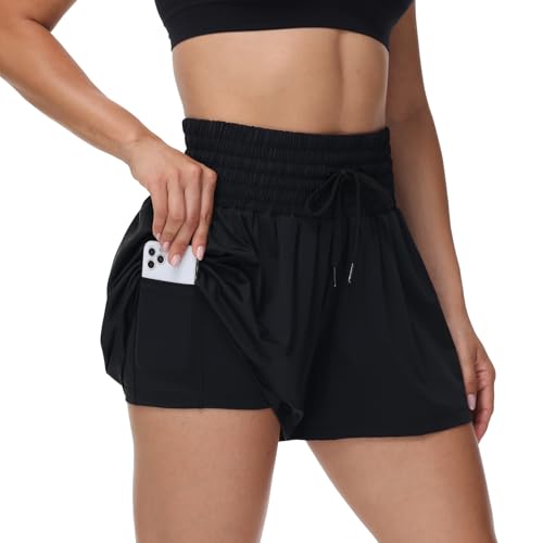 Flowy Athletic Shorts for Women Workout Running Gym Yoga Sport Short Pants Sweat Tennis Skirt Skort High Waisted with Pockets Biker Spandex Cute Comfy Lounge Trendy Clothes Casual Summer Black L