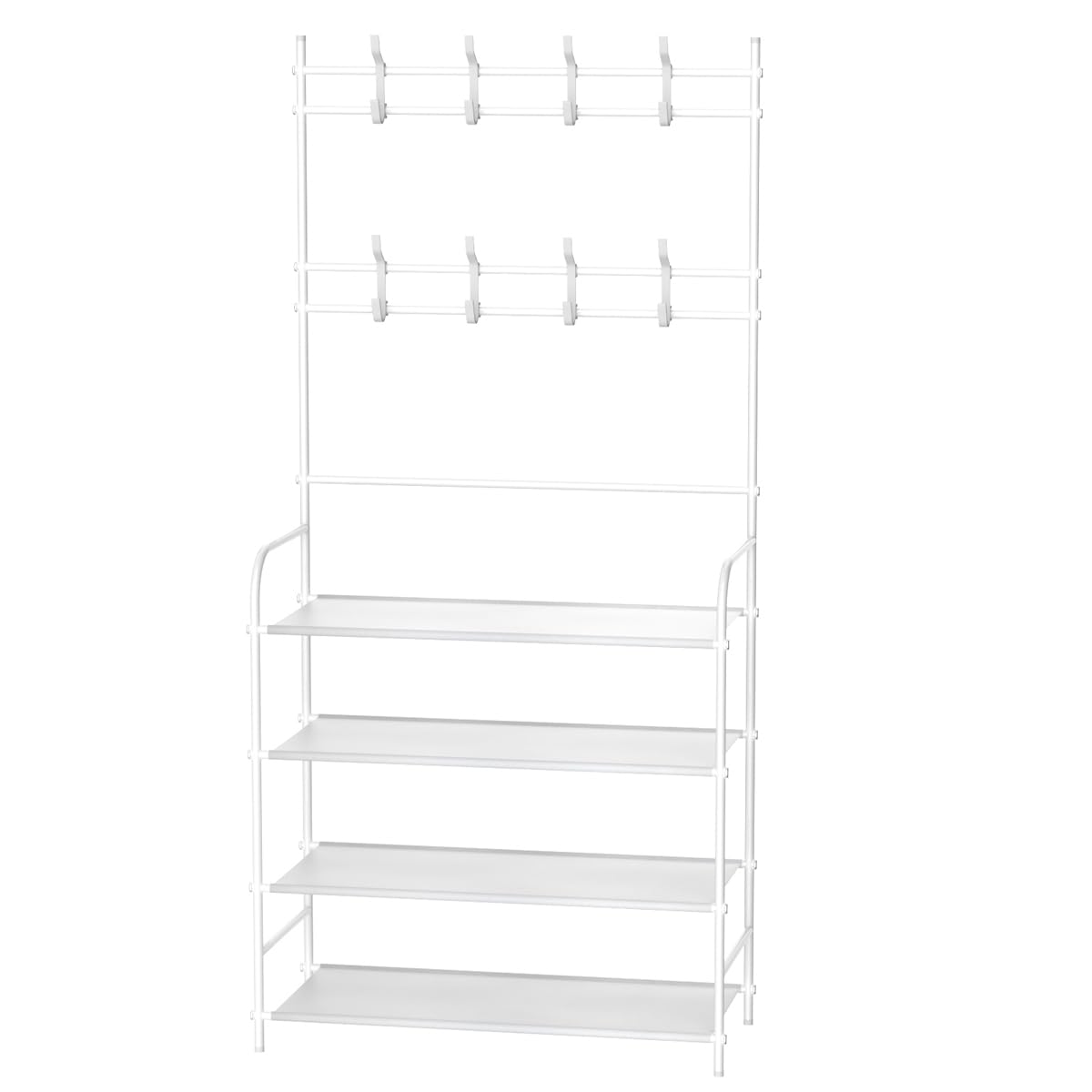 T-LOVENDO.ES Perchero 8 Ganchos Dobles y Zapatero de 4 Baldas Banco de Entrada Recibidor. Mueble Estrecho, Resistente y de Gran Capacidad. Blanco