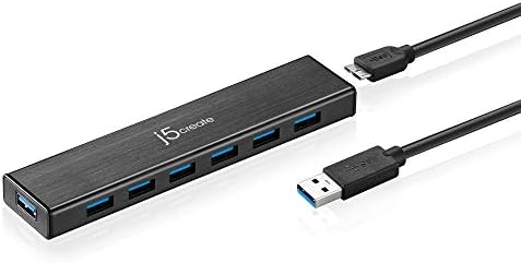 j5create 7-Port Powered USB 3.0 Data Hub with 3.3 ft Extended Cable [20W Power Adapter Included] for Mac, MacBook, Windows, Laptop, Surface, XPS, PC (JUH377)