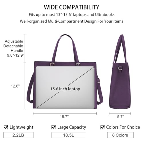Laptop Bag for Women Waterproof Lightweight Leather 15.6 Inch Computer Tote Bag Business Office Briefcase Large Capacity Handbag Shoulder Bag Professional Office Work Bag Dark Purple