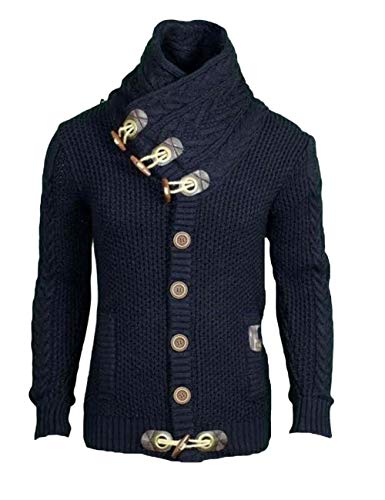 Sexyshine Men's Fall Winter Casual Knitted Turtleneck Cardigan Leather Buckle Button Top Pullover Hoodies Sweater2