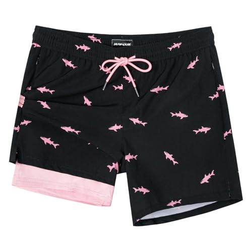 SURF CUZ Mens Swim Trunks with Compression Liner Mens Swimming Trunks 5 Inch Bathing Suit with Zipper Pockets Quick Dry Swim Shorts 01 A Black Pink Shark Large