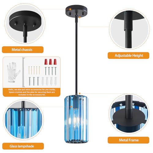 Image of Modern Crystal Pendant Light Mini Light Blue Chandeliers Adjustable Pendant Lights Fixture for Kitchen Island Dinning Room Corridor Bedroom(Light Blue 3-Pack)