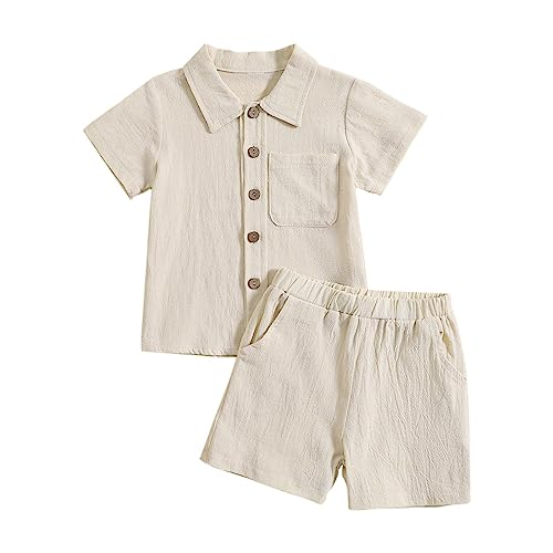 La mejor comparación de Conjuntos para Niño los mejores 5. 42 Conjunto de trajes y conjuntos de ropa de algodón y lino de color sólido, cuello alto y pantalones cortos, traje de verano para niños, Beige, 3-4 Años